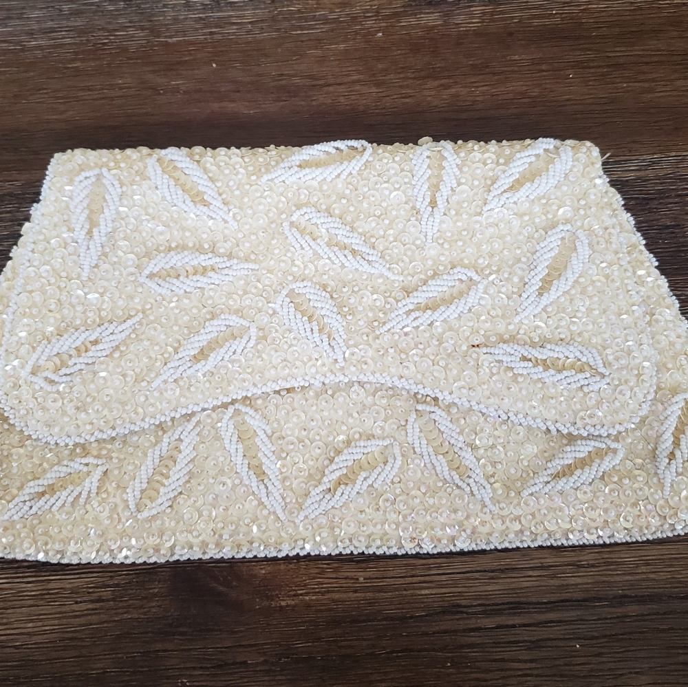 Vintage cream & white sequin handbag purse clutch bridal prom FLAWS